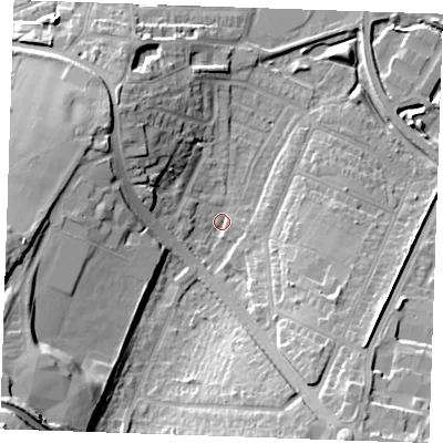 Shaded relief map of the ground around DA122HT, computed from Environment Agency LiDAR. The ground here sits at about 3 m above sea level and falls 25 m across the surrounding 800 m. Surface water reaching this point runs off ground lying to the south-west, 19.9 m higher.