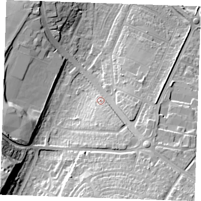 Shaded relief map of the ground around DA122HZ, computed from Environment Agency LiDAR. The ground here sits at about 9 m above sea level and falls 26 m across the surrounding 800 m. Surface water reaching this point runs off ground lying to the south-south-east, 16.5 m higher.