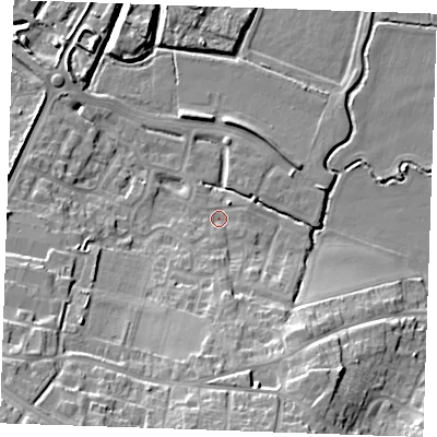 Shaded relief map of the ground around DA122JA, computed from Environment Agency LiDAR. The ground here sits at about 4 m above sea level and falls 20 m across the surrounding 800 m. Surface water reaching this point runs off ground lying to the south, 11.4 m higher.