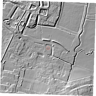 Shaded relief map of the ground around DA122JD, computed from Environment Agency LiDAR. The ground here sits at about 3 m above sea level and falls 16 m across the surrounding 800 m. Surface water reaching this point runs off ground lying to the south, 12.2 m higher.