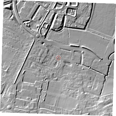 Shaded relief map of the ground around DA122JG, computed from Environment Agency LiDAR. The ground here sits at about 4 m above sea level and falls 17 m across the surrounding 800 m. Surface water reaching this point runs off ground lying to the south-south-west, 15.7 m higher.
