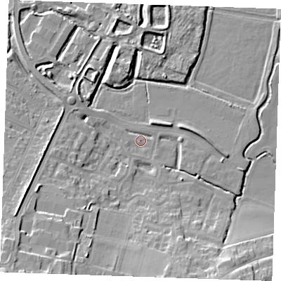 Shaded relief map of the ground around DA122JH, computed from Environment Agency LiDAR. The ground here sits at about 3 m above sea level and falls 16 m across the surrounding 800 m. Surface water reaching this point runs off ground lying to the south-south-west, 12.5 m higher.