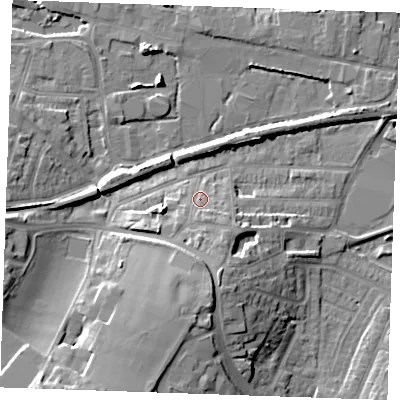 Shaded relief map of the ground around DA122JP, computed from Environment Agency LiDAR. The ground here sits at about 7 m above sea level and falls 19 m across the surrounding 800 m. Surface water reaching this point runs off ground lying to the south-south-west, 5.5 m higher.
