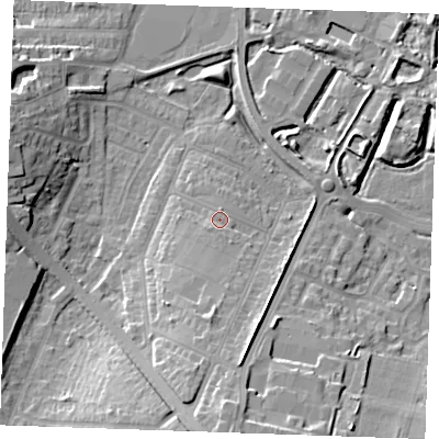 Shaded relief map of the ground around DA122JS, computed from Environment Agency LiDAR. The ground here sits at about 6 m above sea level and falls 15 m across the surrounding 800 m. Surface water reaching this point runs off ground lying to the south, 1.3 m higher.