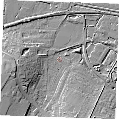 Shaded relief map of the ground around DA122JT, computed from Environment Agency LiDAR. The ground here sits at about 3 m above sea level and falls 15 m across the surrounding 800 m. Surface water reaching this point runs off ground lying to the west, 14.5 m higher.