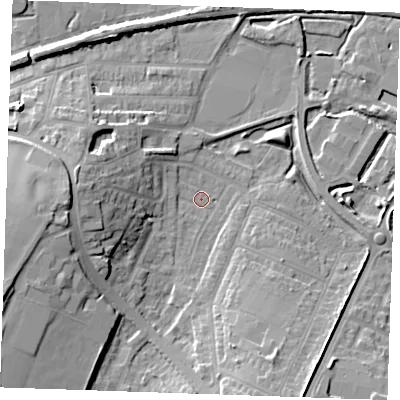 Shaded relief map of the ground around DA122JU, computed from Environment Agency LiDAR. The ground here sits at about 3 m above sea level and falls 16 m across the surrounding 800 m. Surface water reaching this point runs off ground lying to the west-south-west, 15.4 m higher.