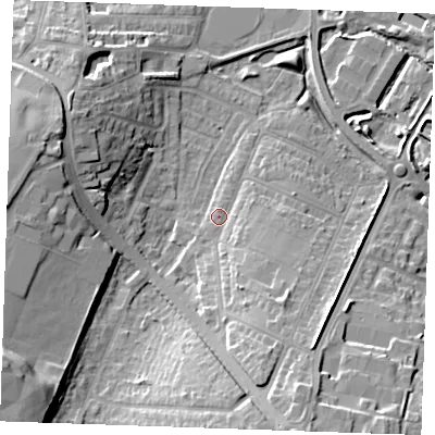 Shaded relief map of the ground around DA122JX, computed from Environment Agency LiDAR. The ground here sits at about 5 m above sea level and falls 17 m across the surrounding 800 m. Surface water reaching this point runs off ground lying to the south-south-east, 8.5 m higher.