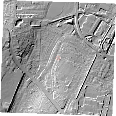 Shaded relief map of the ground around DA122JZ, computed from Environment Agency LiDAR. The ground here sits at about 5 m above sea level and falls 15 m across the surrounding 800 m. Surface water reaching this point runs off ground lying to the south-south-east, 4.2 m higher.