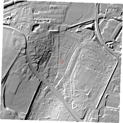 Shaded relief map of the ground around DA122LA, computed from Environment Agency LiDAR. The ground here sits at about 3 m above sea level and falls 17 m across the surrounding 800 m. Surface water reaching this point runs off ground lying to the south-west, 17.0 m higher.