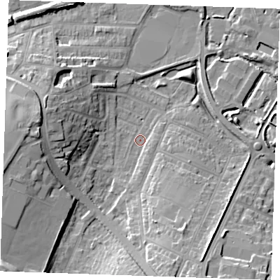 Shaded relief map of the ground around DA122LB, computed from Environment Agency LiDAR. The ground here sits at about 3 m above sea level and falls 17 m across the surrounding 800 m. Surface water reaching this point runs off ground lying to the south-west, 16.9 m higher.