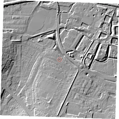 Shaded relief map of the ground around DA122LD, computed from Environment Agency LiDAR. The ground here sits at about 4 m above sea level and falls 13 m across the surrounding 800 m. Surface water reaching this point runs off ground lying to the south, 12.4 m higher.