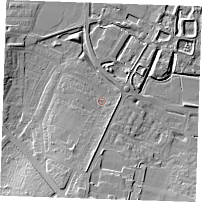 Shaded relief map of the ground around DA122LE, computed from Environment Agency LiDAR. The ground here sits at about 4 m above sea level and falls 15 m across the surrounding 800 m. Surface water reaching this point runs off ground lying to the south-south-west, 12.8 m higher.