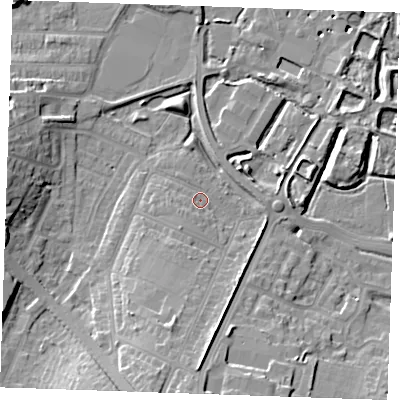 Shaded relief map of the ground around DA122LH, computed from Environment Agency LiDAR. The ground here sits at about 4 m above sea level and falls 13 m across the surrounding 800 m. Surface water reaching this point runs off ground lying to the south-west, 2.9 m higher.