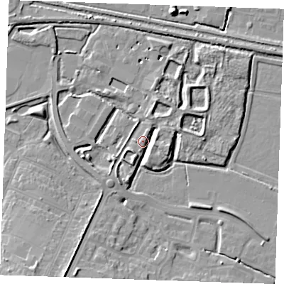 Shaded relief map of the ground around DA122LL, computed from Environment Agency LiDAR. The ground here sits at about 5 m above sea level and falls 12 m across the surrounding 800 m. Surface water reaching this point runs off ground lying to the east-south-east, 4.7 m higher.