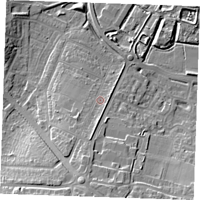 Shaded relief map of the ground around DA122LQ, computed from Environment Agency LiDAR. The ground here sits at about 8 m above sea level and falls 18 m across the surrounding 800 m. Surface water reaching this point runs off ground lying to the south-south-west, 8.6 m higher.