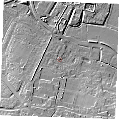 Shaded relief map of the ground around DA122LR, computed from Environment Agency LiDAR. The ground here sits at about 5 m above sea level and falls 18 m across the surrounding 800 m. Surface water reaching this point runs off ground lying to the south-south-west, 14.1 m higher.