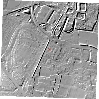 Shaded relief map of the ground around DA122LS, computed from Environment Agency LiDAR. The ground here sits at about 5 m above sea level and falls 16 m across the surrounding 800 m. Surface water reaching this point runs off ground lying to the south-south-west, 11.2 m higher.