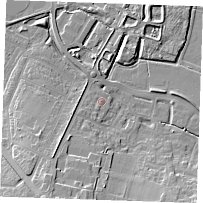 Shaded relief map of the ground around DA122LT, computed from Environment Agency LiDAR. The ground here sits at about 4 m above sea level and falls 16 m across the surrounding 800 m. Surface water reaching this point runs off ground lying to the south-west, 4.3 m higher.