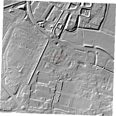 Shaded relief map of the ground around DA122LU, computed from Environment Agency LiDAR. The ground here sits at about 4 m above sea level and falls 17 m across the surrounding 800 m. Surface water reaching this point runs off ground lying to the south-west, 2.7 m higher.