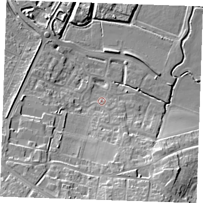 Shaded relief map of the ground around DA122LX, computed from Environment Agency LiDAR. The ground here sits at about 5 m above sea level and falls 21 m across the surrounding 800 m. Surface water reaching this point runs off ground lying to the south, 10.7 m higher.