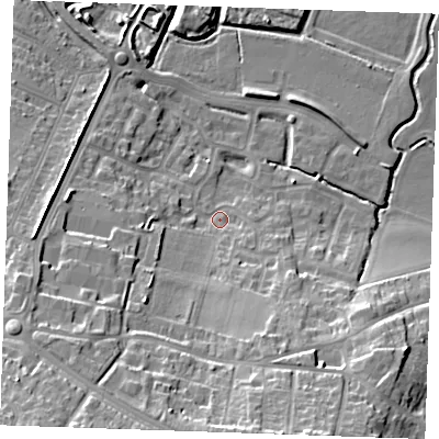 Shaded relief map of the ground around DA122LZ, computed from Environment Agency LiDAR. The ground here sits at about 5 m above sea level and falls 22 m across the surrounding 800 m. Surface water reaching this point runs off ground lying to the south, 18.0 m higher.