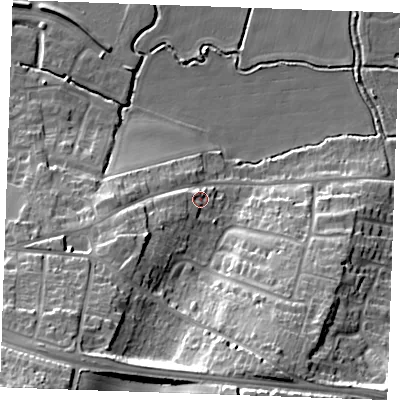 Shaded relief map of the ground around DA122NN, computed from Environment Agency LiDAR. The ground here sits at about 8 m above sea level and falls 30 m across the surrounding 800 m. Surface water reaching this point runs off ground lying to the west-south-west, 4.9 m higher.