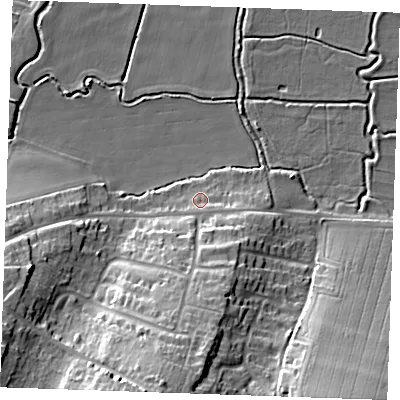 Shaded relief map of the ground around DA122NP, computed from Environment Agency LiDAR. The ground here sits at about 4 m above sea level and falls 24 m across the surrounding 800 m. Surface water reaching this point runs off ground lying to the south-east, 2.3 m higher.