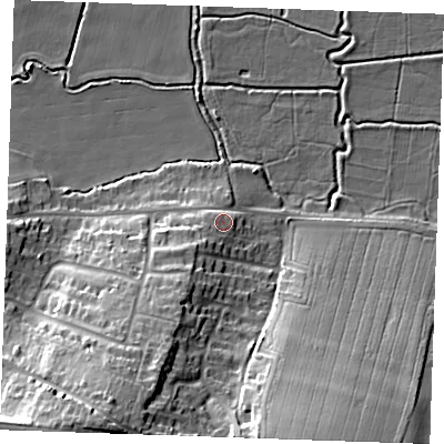 Shaded relief map of the ground around DA122NR, computed from Environment Agency LiDAR. The ground here sits at about 7 m above sea level and falls 25 m across the surrounding 800 m. Surface water reaching this point runs off ground lying to the south-west, 4.7 m higher.