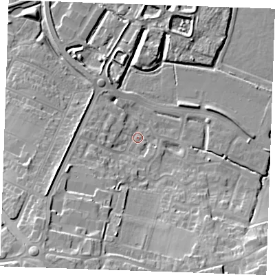 Shaded relief map of the ground around DA122NT, computed from Environment Agency LiDAR. The ground here sits at about 3 m above sea level and falls 17 m across the surrounding 800 m. Surface water reaching this point runs off ground lying to the south-south-west, 15.7 m higher.