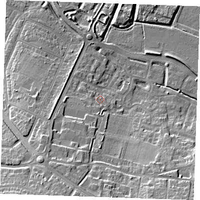 Shaded relief map of the ground around DA122NU, computed from Environment Agency LiDAR. The ground here sits at about 7 m above sea level and falls 20 m across the surrounding 800 m. Surface water reaching this point runs off ground lying to the south-south-west, 12.6 m higher.