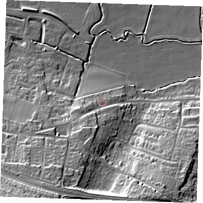Shaded relief map of the ground around DA122NW, computed from Environment Agency LiDAR. The ground here sits at about 8 m above sea level and falls 27 m across the surrounding 800 m. Surface water reaching this point runs off ground lying to the south-south-west, 8.4 m higher.