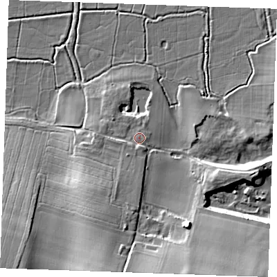 Shaded relief map of the ground around DA122NZ, computed from Environment Agency LiDAR. The ground here sits at about 6 m above sea level and falls 21 m across the surrounding 800 m. Surface water reaching this point runs off ground lying to the south-south-west, 5.3 m higher.