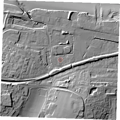 Shaded relief map of the ground around DA122PA, computed from Environment Agency LiDAR. The ground here sits at about 4 m above sea level and falls 23 m across the surrounding 800 m. Surface water reaching this point runs off ground lying to the west-north-west, 1.1 m higher.