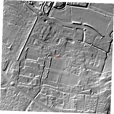 Shaded relief map of the ground around DA122PB, computed from Environment Agency LiDAR. The ground here sits at about 6 m above sea level and falls 22 m across the surrounding 800 m. Surface water reaching this point runs off ground lying to the south-south-west, 7.8 m higher.