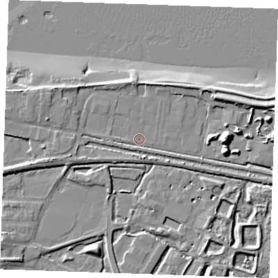 Shaded relief map of the ground around DA122PL, computed from Environment Agency LiDAR. The ground here sits at about 3 m above sea level and falls 14 m across the surrounding 800 m. Surface water reaching this point runs off ground lying to the west-north-west, 4.6 m higher.