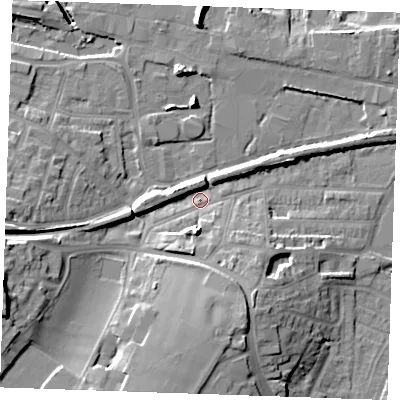Shaded relief map of the ground around DA122PN, computed from Environment Agency LiDAR. The ground here sits at about 5 m above sea level and falls 22 m across the surrounding 800 m. Surface water reaching this point runs off ground lying to the west-south-west, 16.8 m higher.