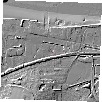 Shaded relief map of the ground around DA122PS, computed from Environment Agency LiDAR. The ground here sits at about 3 m above sea level and falls 19 m across the surrounding 800 m. Surface water reaching this point runs off ground lying to the west-south-west, 4.6 m higher.