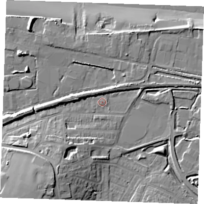 Shaded relief map of the ground around DA122PU, computed from Environment Agency LiDAR. The ground here sits at about 4 m above sea level and falls 19 m across the surrounding 800 m. Surface water reaching this point runs off ground lying to the south-west, 10.7 m higher.