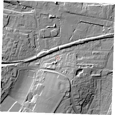 Shaded relief map of the ground around DA122PW, computed from Environment Agency LiDAR. The ground here sits at about 6 m above sea level and falls 22 m across the surrounding 800 m. Surface water reaching this point runs off ground lying to the south-south-west, 6.7 m higher.