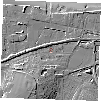 Shaded relief map of the ground around DA122PY, computed from Environment Agency LiDAR. The ground here sits at about 3 m above sea level and falls 18 m across the surrounding 800 m. Surface water reaching this point runs off ground lying to the south-south-west, 13.2 m higher.