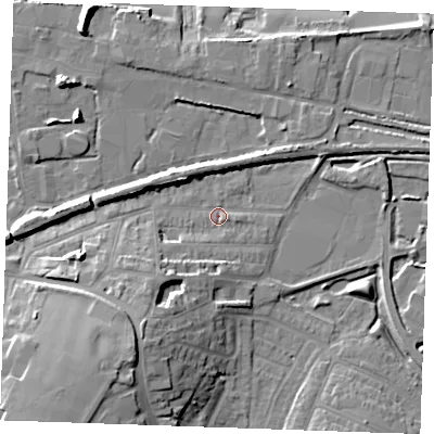 Shaded relief map of the ground around DA122PZ, computed from Environment Agency LiDAR. The ground here sits at about 3 m above sea level and falls 17 m across the surrounding 800 m. Surface water reaching this point runs off ground lying to the south-west, 10.6 m higher.