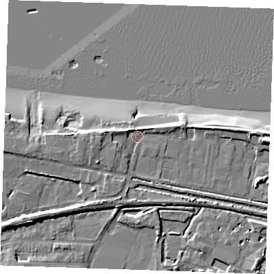 Shaded relief map of the ground around DA122QA, computed from Environment Agency LiDAR. The ground here sits at about 3 m above sea level and falls 11 m across the surrounding 800 m. Surface water reaching this point runs off ground lying to the west, 3.2 m higher.