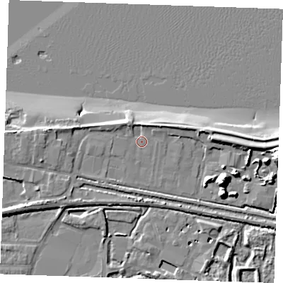 Shaded relief map of the ground around DA122QB, computed from Environment Agency LiDAR. The ground here sits at about 3 m above sea level and falls 17 m across the surrounding 800 m. Surface water reaching this point runs off ground lying to the west, 3.5 m higher.