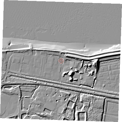 Shaded relief map of the ground around DA122QE, computed from Environment Agency LiDAR. The ground here sits at about 3 m above sea level and falls 17 m across the surrounding 800 m. Surface water reaching this point runs off ground lying to the east-north-east, 4.7 m higher.