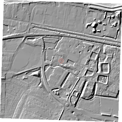 Shaded relief map of the ground around DA122QF, computed from Environment Agency LiDAR. The ground here sits at about 3 m above sea level and falls 13 m across the surrounding 800 m. Surface water reaching this point runs off ground lying to the south-south-east, 5.8 m higher.