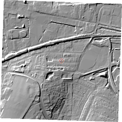 Shaded relief map of the ground around DA122QG, computed from Environment Agency LiDAR. The ground here sits at about 4 m above sea level and falls 15 m across the surrounding 800 m. Surface water reaching this point runs off ground lying to the south-west, 9.9 m higher.