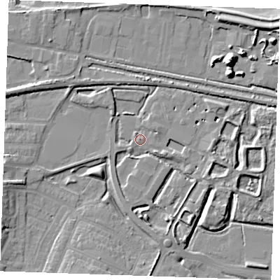 Shaded relief map of the ground around DA122QH, computed from Environment Agency LiDAR. The ground here sits at about 3 m above sea level and falls 10 m across the surrounding 800 m. Surface water reaching this point runs off ground lying to the south-south-east, 5.9 m higher.