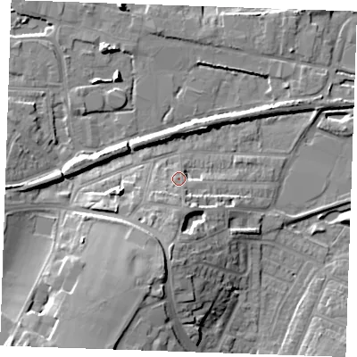 Shaded relief map of the ground around DA122QJ, computed from Environment Agency LiDAR. The ground here sits at about 6 m above sea level and falls 15 m across the surrounding 800 m. Surface water reaching this point runs off ground lying to the south, 4.5 m higher.