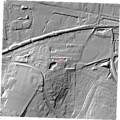 Shaded relief map of the ground around DA122QL, computed from Environment Agency LiDAR. The ground here sits at about 7 m above sea level and falls 19 m across the surrounding 800 m. Surface water reaching this point runs off ground lying to the south-west, 8.7 m higher.