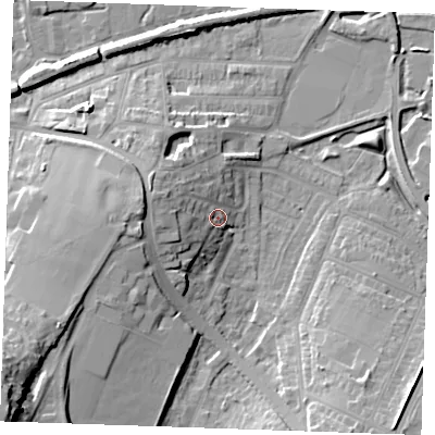 Shaded relief map of the ground around DA122QN, computed from Environment Agency LiDAR. The ground here sits at about 7 m above sea level and falls 28 m across the surrounding 800 m. Surface water reaching this point runs off ground lying to the west-north-west, 8.2 m higher.